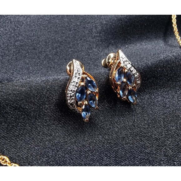 Vintage 1990s Gold Plated Jewelry Set With Blue Gemstone Pendant Necklace - Picture 5 of 9